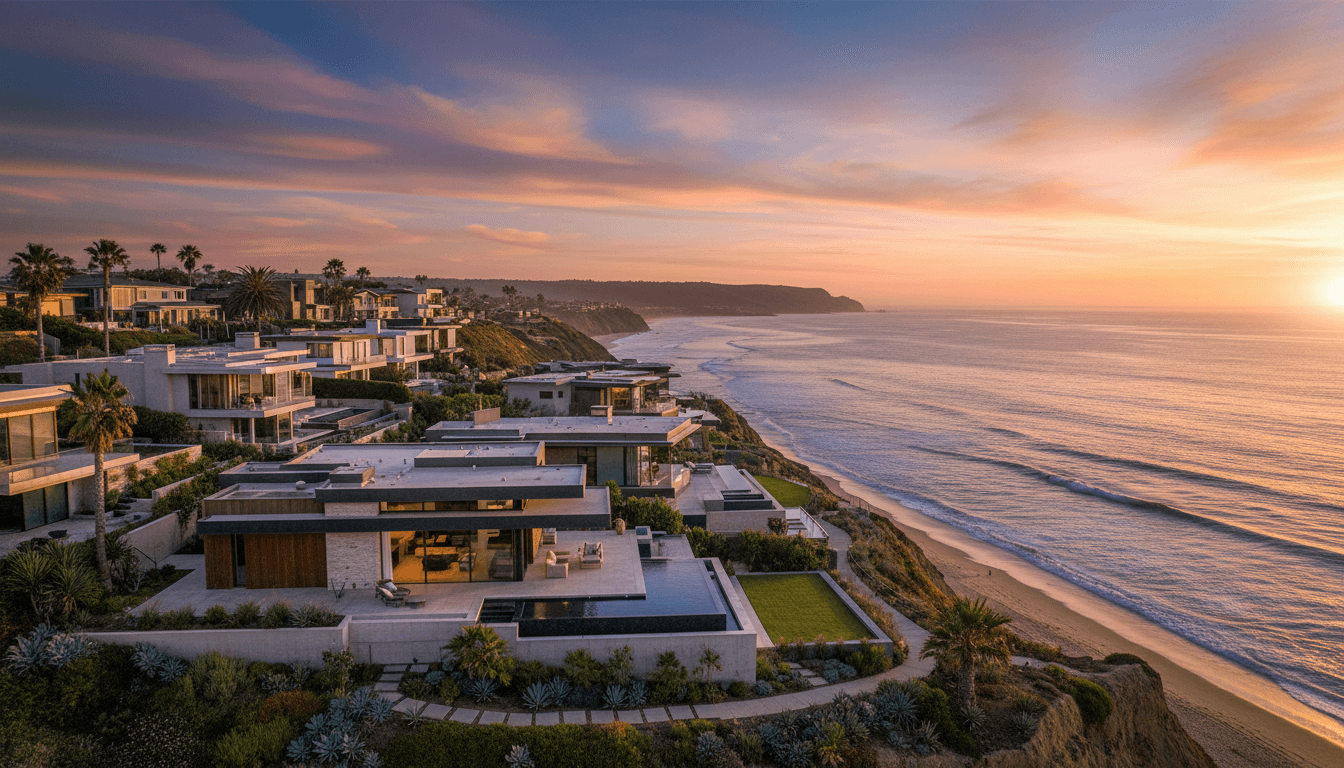 Oceanside coastal homes with ocean views at sunset
